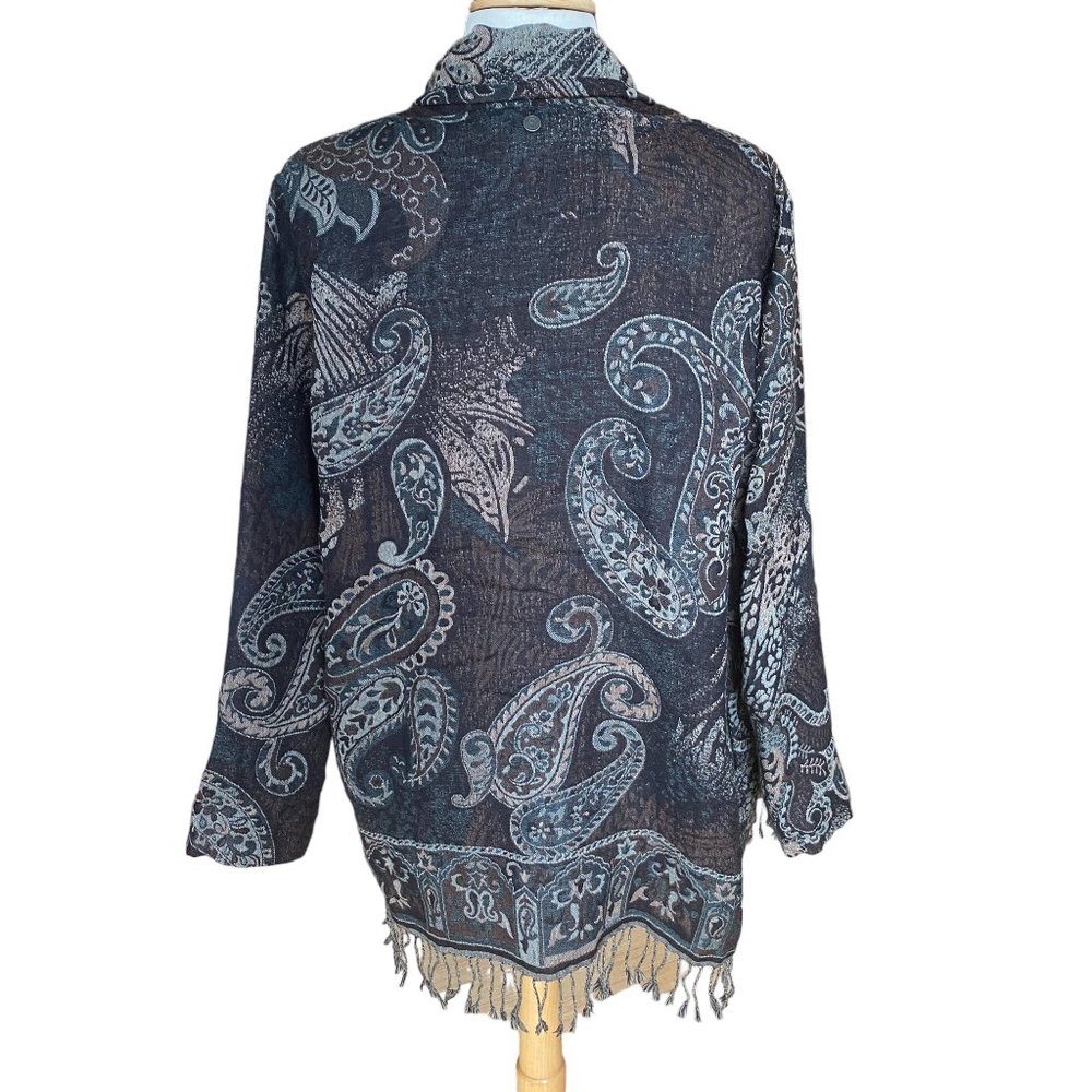 Soft Surroundings Wool Paisley Tapestry Cardigan Gray Boho Fringe -M - Picture 8 of 14